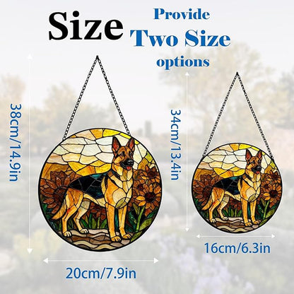 Stained Glass Suncatcher German Shepherd Among Sunflowers Handmade Window Hangings Colored Glass Suncatcher for Indoor Garden Christmas Home Decor Gift for Pet Dog Lover Memorial (7.9in)