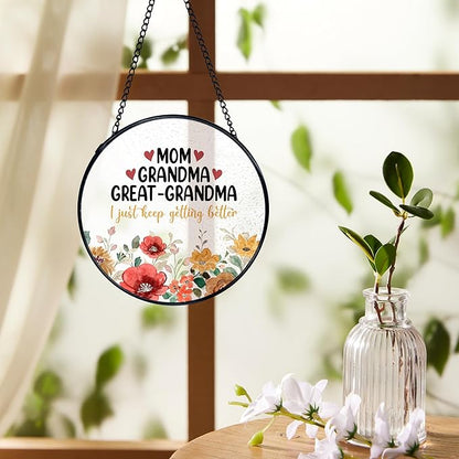 Mom Grandma Flower Suncatchers Stained Glass Window Hanging, Great Grandma Gifts Catchers Indoor Window Glass Round Wall Decor 7.9x7.9in