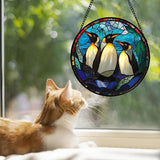 CHATYOUNG Stained Glass Window Hanging Blue Ocean Penguin Landscape Large 11.8" - Fine Suncatcher Door Garden Sun Catcher Decor Birthday Christmas for Mom Woman Nana Friend Men Wife