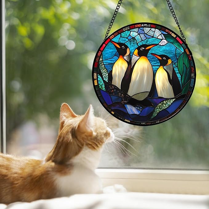 CHATYOUNG Stained Glass Window Hanging Blue Ocean Penguin Landscape 7.8" - Fine Suncatcher Door Garden Sun Catcher Decor Birthday Christmas for Mom Woman Nana Friend Men Wife