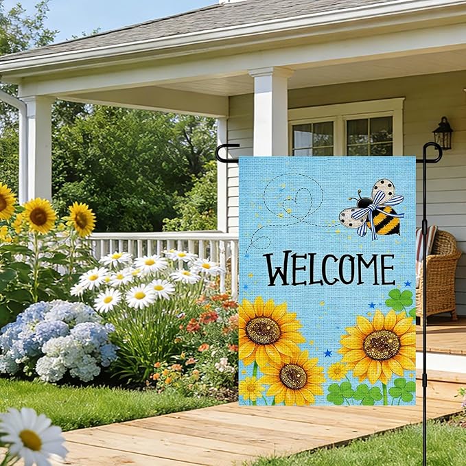 IVN Bee and Sunflower Garden Flag 12x18 Inch – Welcome Burlap Outdoor Flag, Double Sided Spring Summer Yard Flag for Porch Lawn Patio Decor