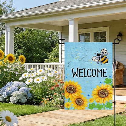 IVN Bee and Sunflower Garden Flag 12x18 Inch – Welcome Burlap Outdoor Flag, Double Sided Spring Summer Yard Flag for Porch Lawn Patio Decor