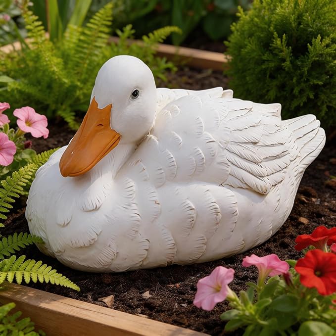 Porch Duck Statue Outdoor Decor,6.9''(D) Squatting White Duck Garden Sculptures for Yard Lawn,Resin Animal Figurines Home Patio Art Decorations