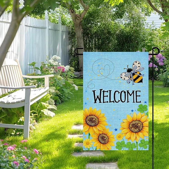 IVN Bee and Sunflower Garden Flag 12x18 Inch – Welcome Burlap Outdoor Flag, Double Sided Spring Summer Yard Flag for Porch Lawn Patio Decor
