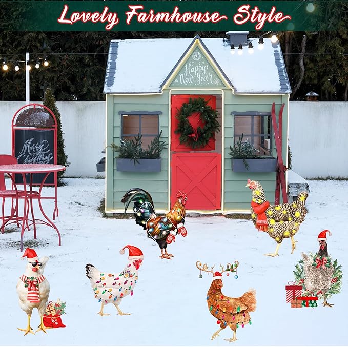 6 PCS Christmas Chicken Decorations Christmas Chicken Yard Sign with Stakes Waterproof Xmas Outdoor Yard Signs Lawn Decor for Holiday Garden Patio