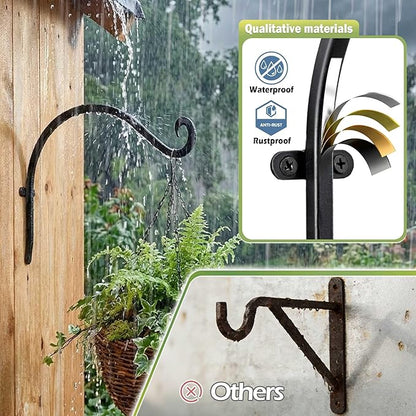AJART Hanging Plant Hanger Outdoor: 12-Inch Metal Bird Feeder Wall Hooks - 4 Pieces Black Plant Bracket Hook for Hanging Flower Baskets