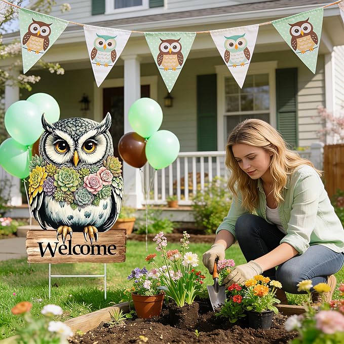 Spring Yard Decorations Welcome Owl Yard Sign with Stakes, Farmhouse Front Porch Garden Outdoor Decor Rustic Animal Yard Sign for Seasonal Home Patio Decor