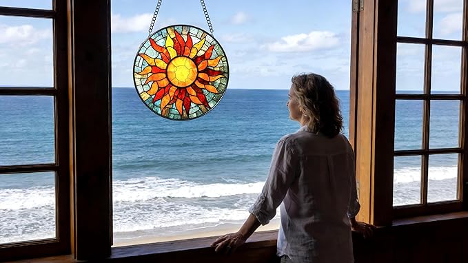 Funoasis Stained Glass Window Hanging 6.3 Inches Suncatcher - Sun and Sun Flames Ornaments Sun Catcher Home Decor Women Birthday