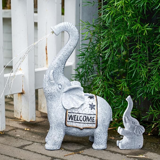 RM ROOMERS Elephant Garden Decor, 2 PCS Elephant Sculptures for Outdoor Resin Solar Elephant Statues Watering, Elephant Decor for Yard, Animal Statues for Patio, Birthday Gifts for Women