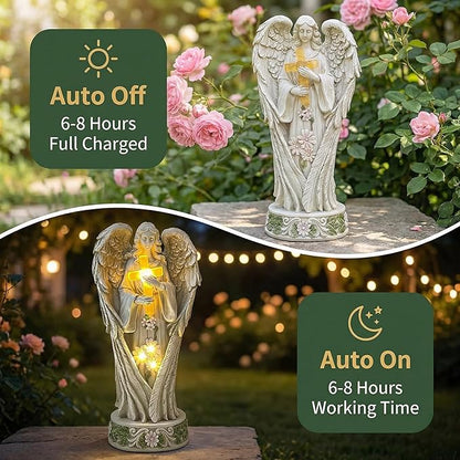 COWOS Angel Statue for Garden, Solar Angel Statue for Cemetery Decorations, Praying Angel Cross Memorial Statue, Memorial Garden Figurine Gift