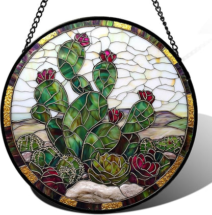 DASTOLL Stained Glass Window Hanging,Green Cactus Purple Flowers Suncatcher Diamond Glass Panel Sun Catchers Decor for Birthday for Women, Men, Wife, Aunt, and Mom 14.9x14.9 in