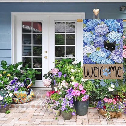 Louise Maelys Spring Summer Garden Flag Black Cat Hydrangea Flower Welcome Double Sided 28x40 Inch Floral Paw Print Seasonal Large Burlap Holiday Yard Outdoor Outside House Decor