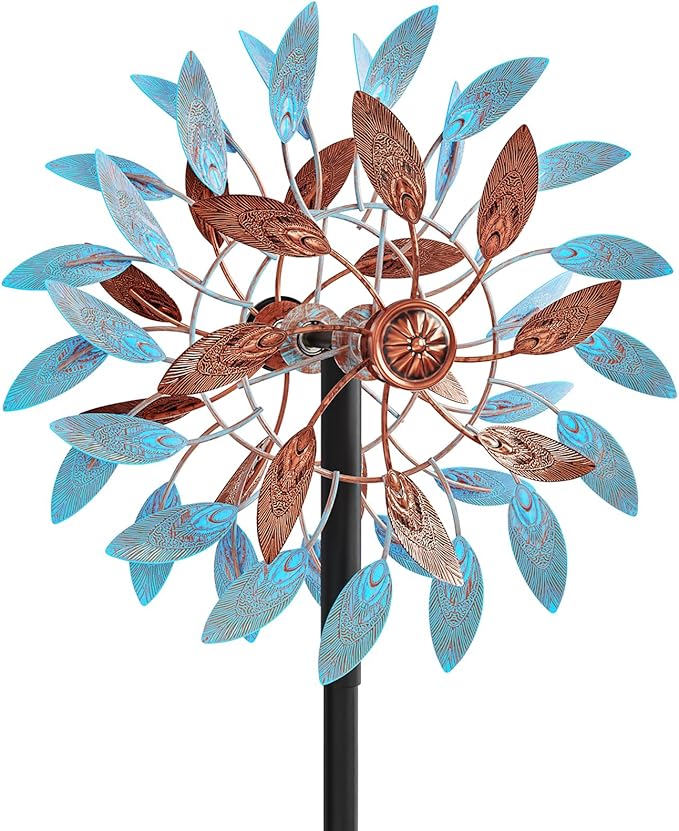 Metal Wind Spinners Outdoor, Kinetic Garden Wndmills,Yard Art Windmill with Metal Stake,Vintage Wind Sculptures & Spinners,Waterproof Pinwheels Large Wind Mill for Patio Lawn Yard Garden(Blue+Brown)