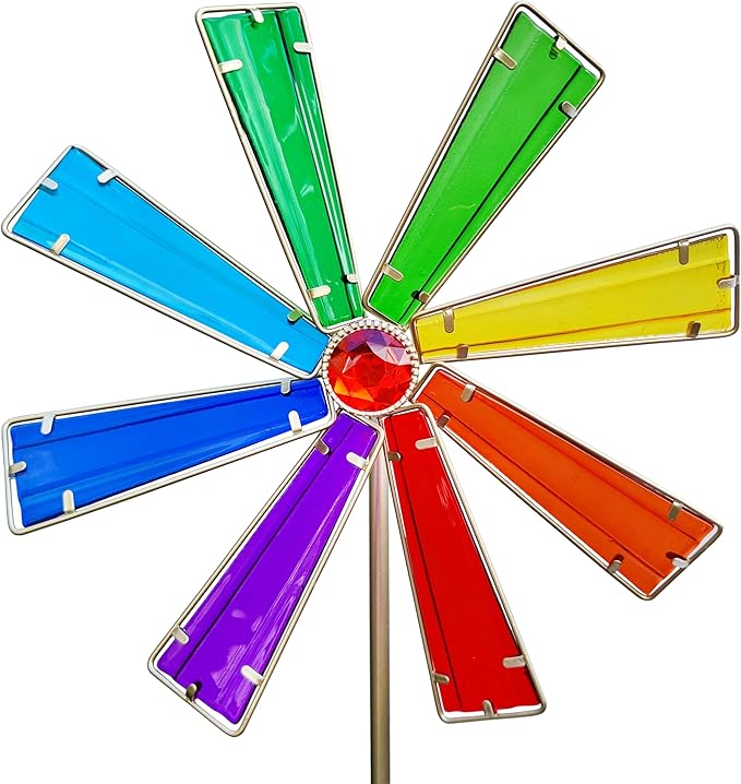 COOZZYHOUR 42 Inch Glass Rainbow Wind Spinners,Outdoor Yard Metal and Glass Windmill Garden Stake, Wind Sculptures for Yard and Garden Lawn Patio Decoration-Rainbow