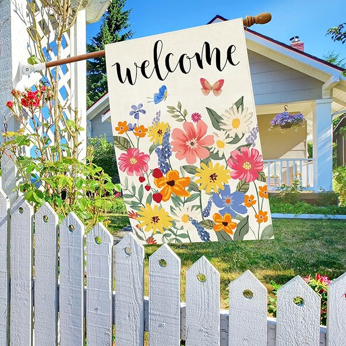 Baccessor Spring Summer Welcome House Flag Double Sided 28x40 Inch Burlap,Floral Butterflies Large Garden Flag Porch Patio Front Entry Yard Seasonal Farmhouse Outside Outdoor Decor