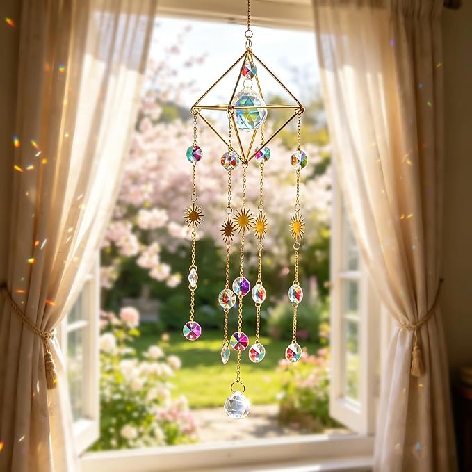 HDCRYSTALGIFTS 17inch Crystal Prisms Suncatcher for Window Hanging Gold-Plated Crystal Sun Catcher Indoor Window Rainbow Maker Home Garden Christmas Tree Decoration