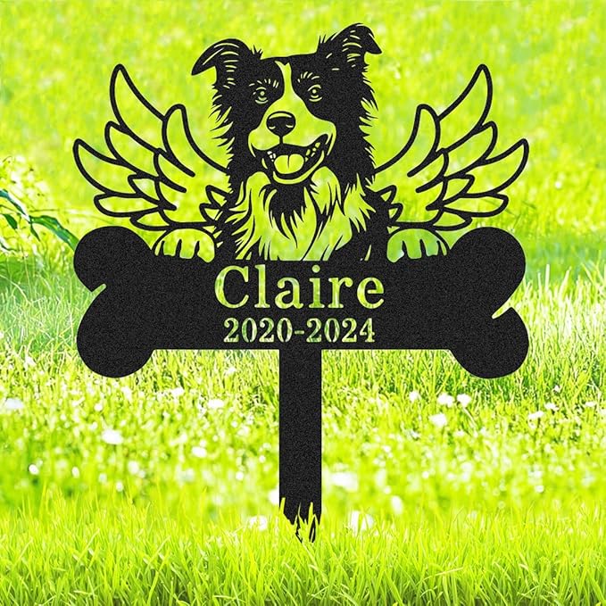 Personalized Border Collie Dog Memorial Stake Metal Engraved Sign Grave Marker with Wings, Custom Dog Statue Memorial Plaque Border Collie Outdoor Cemetery Garden Stake Yard Sign with Bone