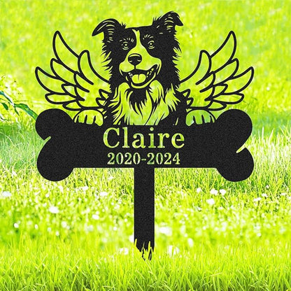 Personalized Border Collie Dog Memorial Stake Metal Engraved Sign Grave Marker with Wings, Custom Dog Statue Memorial Plaque Border Collie Outdoor Cemetery Garden Stake Yard Sign with Bone