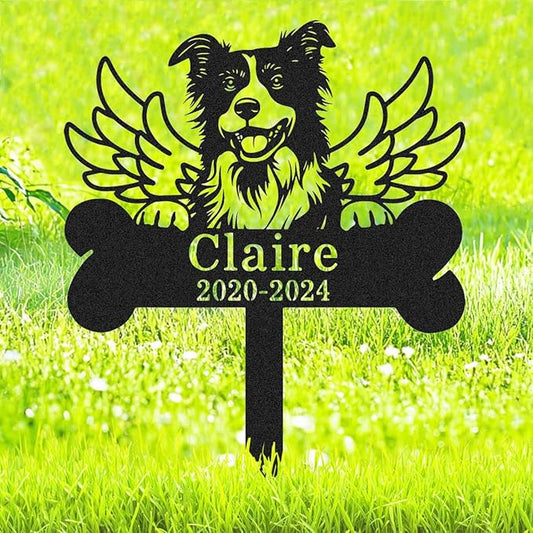Personalized Border Collie Dog Memorial Stake Metal Engraved Sign Grave Marker with Wings, Custom Dog Statue Memorial Plaque Border Collie Outdoor Cemetery Garden Stake Yard Sign with Bone