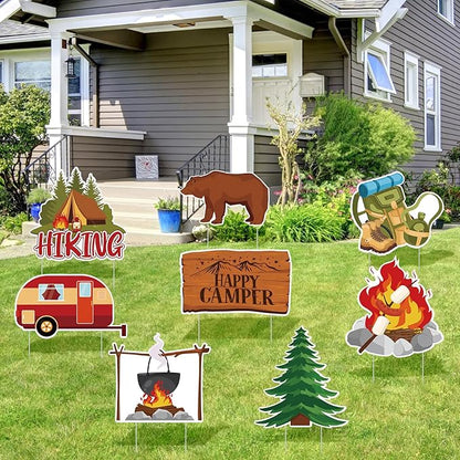 Amyhill 12 Pcs Spring Camping Yard Signs Decoration Happy Camper Decorations for Outdoor with Stakes Waterproof Decor Adventure for Summer Festive Holiday Party Patio Lawn Walkway Decorations