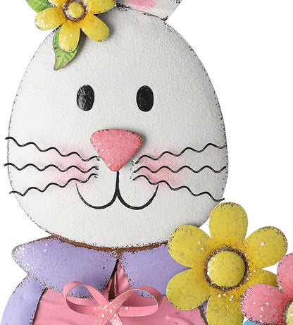 Glitzhome 36"H Easter Yard Signs, Set of 2 Metal Bunny Wall/Standing Decor, Blue & Pink, Hand Painted with Antique Treatment