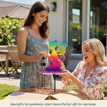 Rainbow Solar Fairy Garden Stake - 21" Iridescent Metal Fairy Silhouette with Warm LED Lantern, Waterproof Outdoor Decorative Light for Path, Yard, Flower Pot - Unique Gardening Gifts for Women/Mom