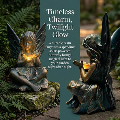 Oinas Solar Fairy Garden Statue Decor - Resin Fairy Figurines with Butterfly Light, 8.5 in Angel Fairy Outdoor Decor, Birthdays, Valentine's Day Garden Sculpture Gifts for Women