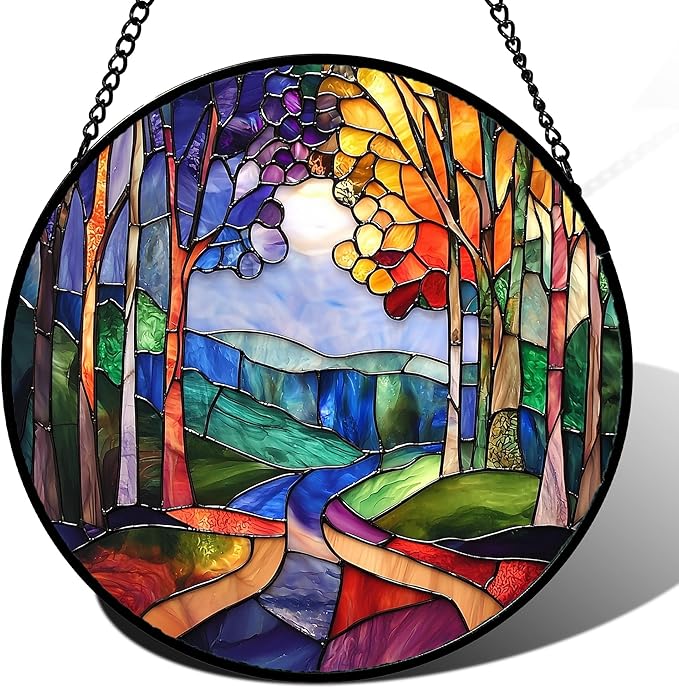 DASTOLL Stained Glass Window Hanging, Colorful Forest Landscape Tree Suncatcher for Doors Window Home Abstract Sun Catchers Decoration Mother's Day Birthday Gifts for Women, Men, and Mom 6.3 in
