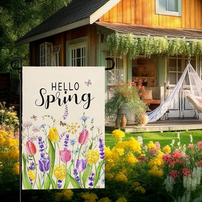 Hello Spring Tulip Garden Flag 12x18 Inch Double Sided Flowers Garden Flags Seasonal Summer Floral Yard Flags for Outside Farmhouse Outdoor Decorations