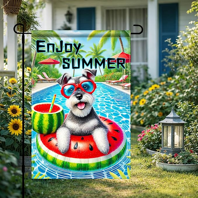 HOMETITUTE Hello Summer Garden Flag Schnauzer Dog 12X18 Inch Print Double Sided Cute Puppy Decorative Yard Flag Banner Poolside Patio Decor Banner Outside Seasonal Holiday Outdoor Decoration