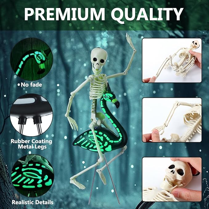 Simgoing 8 Pcs Halloween Skeleton Flamingo Decoration Outdoor Yard Ornament 15.7" Plastic Skeleton Decor with Posable Legs Flamingo Statue Decor for Yard Garden Lawn(Fluorescent,S,Stylish)