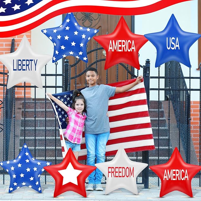 18 Pcs 12 Inch 4th of July Inflatables Outdoor Decorations 250th Anniversary Patriotic Star Ornaments Blow up PVC Inflatable Star Hanging Ornaments for American Veterans Party Festival