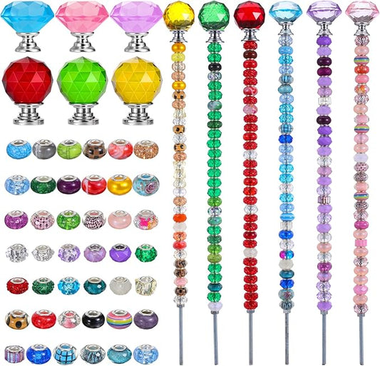 218Pcs Fairy Wands Kit, DIY Fairy Wand Beaded Garden Stake Kit, Garden Stake Decorative Outdoor Beadable Items, with 200 pcs Sparkling Crystal Beads, 6 Crystal Stopper Top, 6 Threaded Rod and Nuts