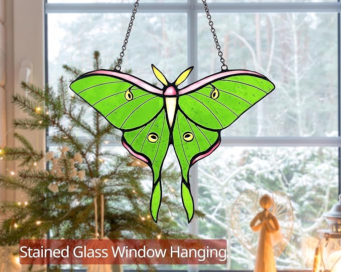Luna Moth Stained Glass Window Hanging - Handmade Real Glass Suncatcher - Elegant Green Moon Moth Butterfly Light Catcher Gifts for Mother, Women, Grandma (Gifts-Box provided)