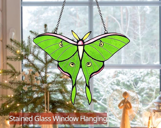 Luna Moth Stained Glass Window Hanging - Handmade Real Glass Suncatcher - Elegant Green Moon Moth Butterfly Light Catcher Gifts for Mother, Women, Grandma (Gifts-Box provided)