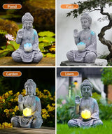 Nacome Solar Buddha Garden Statues with Lotus Flower: Resin Zen Decor Waterproof Sculpture Outdoor Light Design for Outside Patio Lawn Yard Balcony - 10.6 inches(Grey)
