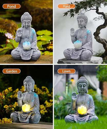Nacome Solar Buddha Garden Statues with Lotus Flower: Resin Zen Decor Waterproof Sculpture Outdoor Light Design for Outside Patio Lawn Yard Balcony - 10.6 inches(Grey)