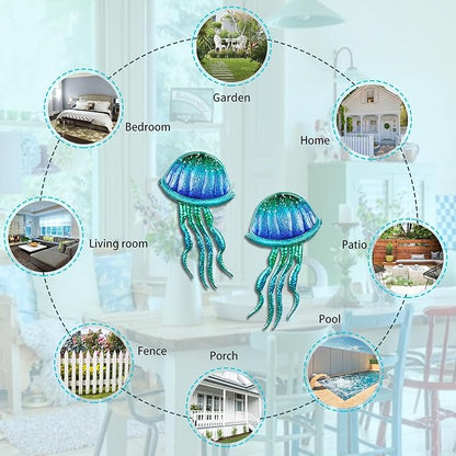 LIFFY Metal Jellyfish Wall Decor - Ocean Tropical Fish Wall Art - Glass Metal Fish Wall Decor for Pool, Beach, Bathroom, Living Room, Bedroom - 15inch, 2Pcs