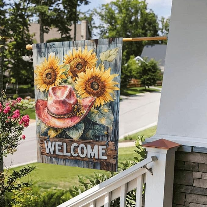 Welcome Cowgirl Sunflower Garden Flags 12×18 Inch Double Sided Decorative Yard Banner Seasonal Flag for Outdoor Outside Decor