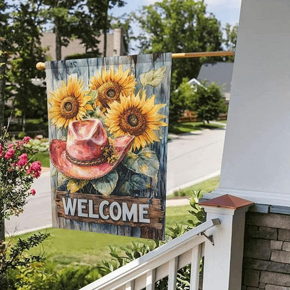 Welcome Cowgirl Sunflower Garden Flags 12×18 Inch Double Sided Decorative Yard Banner Seasonal Flag for Outdoor Outside Decor