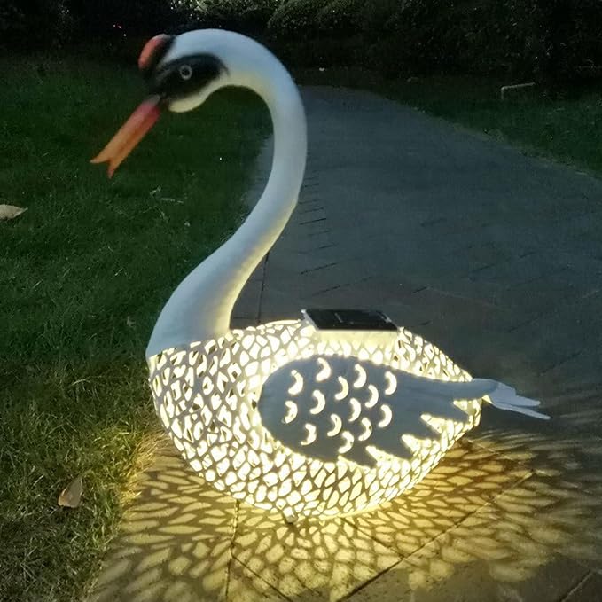 Large Swan Statue Garden Decor with Solar Powered Light, Hand-Painted Iron Art with Hollow Carved Design, Waterproof Outdoor Sculpture for Garden, Yard, Pond, Lawn and Pathway,Short