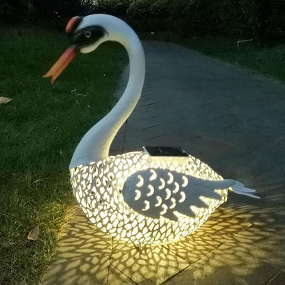 Large Swan Statue Garden Decor with Solar Powered Light, Hand-Painted Iron Art with Hollow Carved Design, Waterproof Outdoor Sculpture for Garden, Yard, Pond, Lawn and Pathway,Short