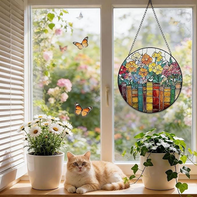 Stained Glass Window Hanging, 8 Inch Book Ornament Suncatcher, Sun Catchers Indoor Window, Flowers Suncatchers for Windows Hanging, Spring Home Garden Decor Panel, Book Lovers Gifts for Women Teacher