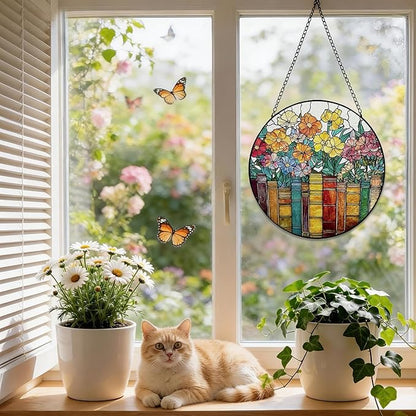 Stained Glass Window Hanging, 8 Inch Book Ornament Suncatcher, Sun Catchers Indoor Window, Flowers Suncatchers for Windows Hanging, Spring Home Garden Decor Panel, Book Lovers Gifts for Women Teacher