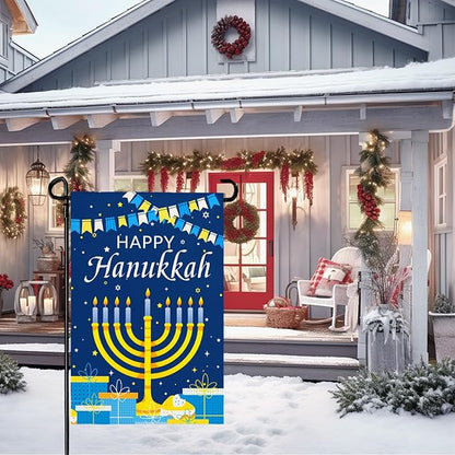 Happy Hanukkah Garden Flags 12 x 18 Inch Double Sided Jewish Holiday Menorah Star Candles Yard Flag for December Hanukkah Outdoor Decorations for Outside garden yard