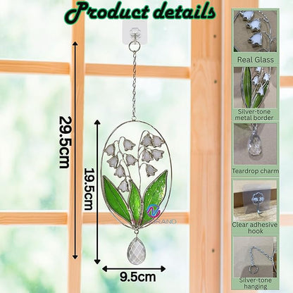 Real Stained Glass Suncatcher Lily of The Valley Suncatcher – Elegant Stained Glass Window Hanging Decor Plant Lover Gifts for Women Home Decor Gifts Sun Catchers Indoor Window 7.7in