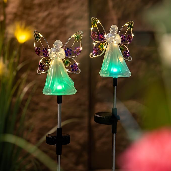 2 Pack Solar Angel Lights, Color Changing & Warm White Dual Glow, Solar Stake Lights with Flower Wings, Waterproof Outdoor Memorial Gifts for Cemetery Grave, Garden Patio Yard Decor for Mom Women