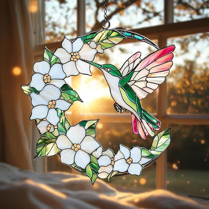 Hummingbird Daisy Hanging Suncatcher Faux Stained Hummingbirds and Flowers for Women Elegant Home Wall Decor Suncatchers Indoor Window Suncatchers Windows