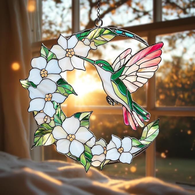 Hummingbird Daisy Hanging Suncatcher Faux Stained Hummingbirds and Flowers for Women Elegant Home Wall Decor Suncatchers Indoor Window Suncatchers Windows