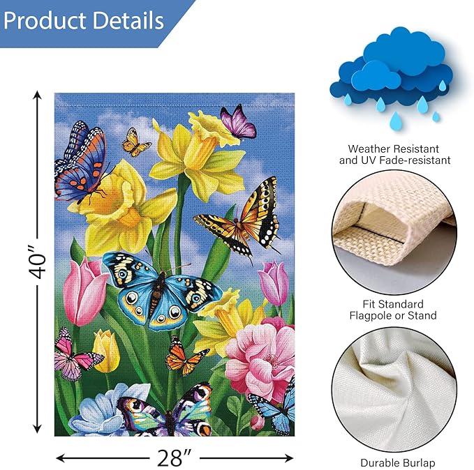 Louise Maelys Spring Garden Flag 28x40 Double Sided Vertical, Burlap Large Butterfly Floral Flower Welcome Yard House Outside Outdoor Summer Decoration